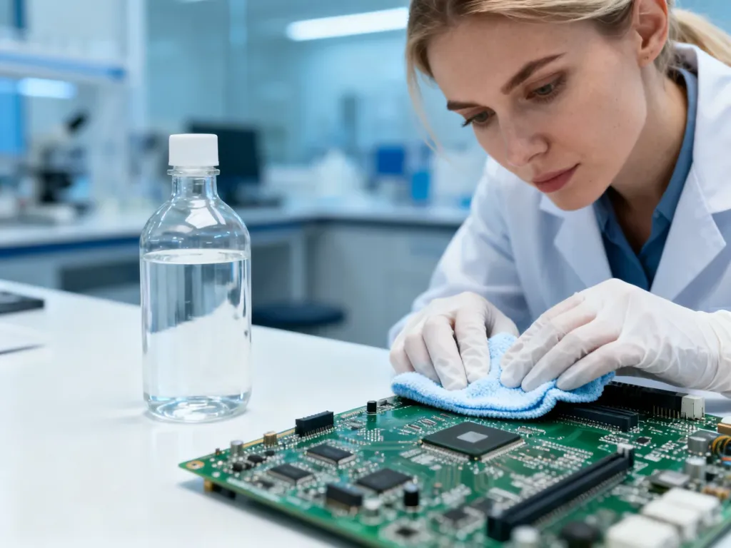 Osoba w rękawiczkach czyści płytkę drukowaną alkoholem izopropylowym na laboratoryjnym stole.